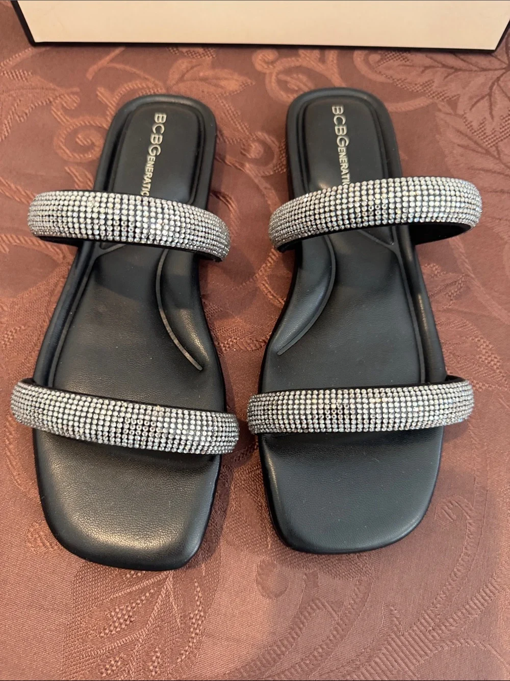 BCBGeneration Black Slide Sandals with Silver Crystal Straps